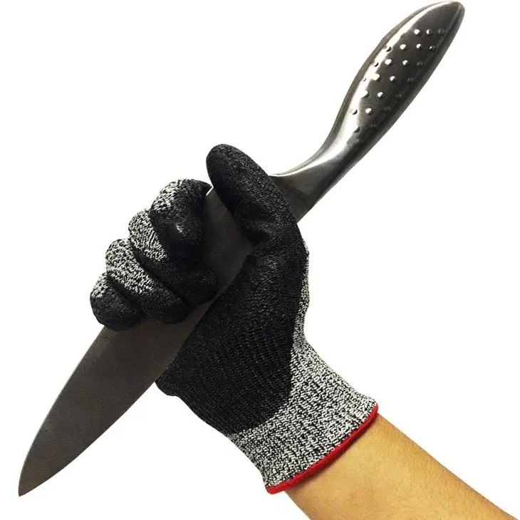 Black PU Ansi Cut Level 4 Anti Slash Rubber Coated Hand Gloves