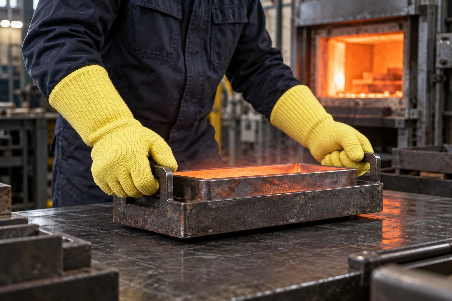 Industrial worker wearing yellow knitted heat-resistant gloves while handling a hot metal component near a furnace Industrial worker wearing yellow knitted heat-resistant gloves while handling a hot metal component near a furnace