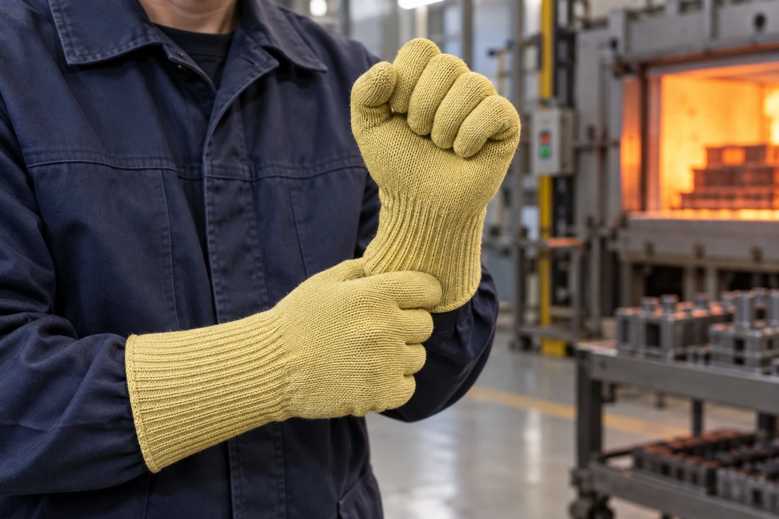 Worker bending fingers inside a flexible heatresistant glove Worker bending fingers inside a flexible heatresistant glove